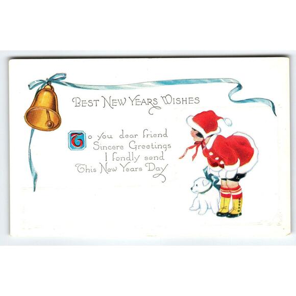 New Year Postcard Sweet Girl White Puppy Dog Santa Suit Bell Embossed Series 327 - Picture 1 of 2